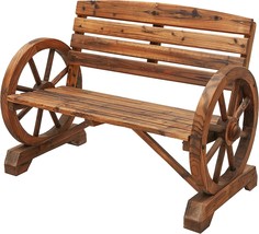 Lokatse Home Outdoor Wooden Wagon Wheel Bench Rustic Loveseat Chair, Natural - £185.42 GBP