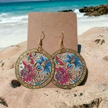 Handmade Earrings Boho Dangle Thin Metal Artisan Floral Beach Core Pink Blue - $18.70