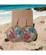 Handmade Earrings Boho Dangle Thin Metal Artisan Floral Beach Core Pink ... - £14.90 GBP