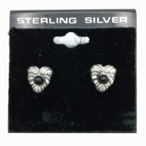 HEART sterling silver stud earrings with black glass centers - NEW 925 pierced - £18.38 GBP