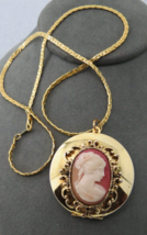 Vintage Cameo Style Locket Pendant Necklace Ornate Repousse Frame 19&quot; Long Chain - £7.98 GBP