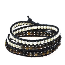 Unique Mix Howlite and Tiger&#39;s Eye Stone with Genuine Leather Wrap Bracelet - £12.65 GBP