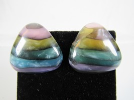 Vintage 80&#39;s Resin Triangle Multicolor Earrings Pierced Blue Green Purpl... - $8.85