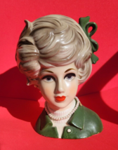 Napco Lady Head Vase Figurine C8497 Green Dress Pearls and Bow - £98.36 GBP