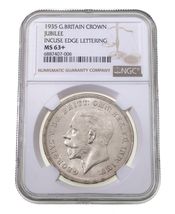 1935 G. Britain Crown Jubilee Coin, Incuse Edge Lettering MS-63 KM 842 - $452.08