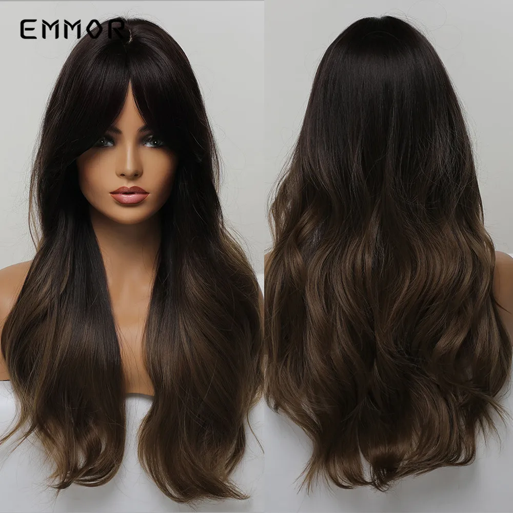 Emmor Synthetic Long Wavy Natural Ombre Brown to Dark Blonde With Bangs Wigs f - £22.30 GBP+