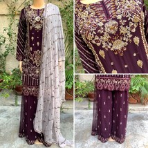Pakistani Dark Purple Straight Style Embroidered Sequins Chiffon Sharara... - $119.69
