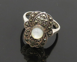 925 Silver - Vintage Mother Of Pearl &amp; Marcasite Cocktail Ring Sz 6 - RG18711 - $34.16