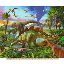 36&quot; X 44&quot; Panel The World of Dinosaurs T-Rex Pterodactyls Cotton Fabric D374.60 - £10.32 GBP