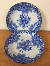 Pair Vintage Japanese Porcelain Blue Dish Floral Fruit Bowl Dessert Plates 6.5&quot; - $24.99