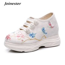 Women Floral Embroidery Sneakers Mid Heel Button Casual Shoes Woman Runway Shoes - £39.08 GBP