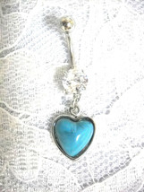 New Heart Shaped Blue Turquoise Color Gem On Clear Cz 14g Belly Button Ring Bar - £4.78 GBP