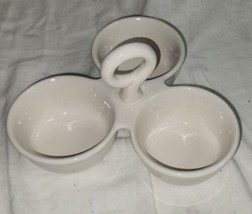 Three Bowl Serving Caddy Jelly Relish Jam White Heavy Ceramic Finger Loop - $15.99