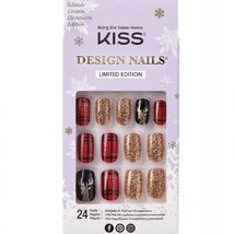 NEW Kiss Nails Limited Edition Glue Manicure Medium Reindeer Plaid Red C... - $16.88