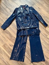 Vtg 70s 80s Leisure Suit Shiny Blue Vinyl ESTIVO Disco Pants Jacket Belt Size 11 - £152.27 GBP