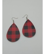 Earrings Pierced Drop Teardrop Red Black Buffalo Plaid Faux Leather 3 Inch. - £6.42 GBP