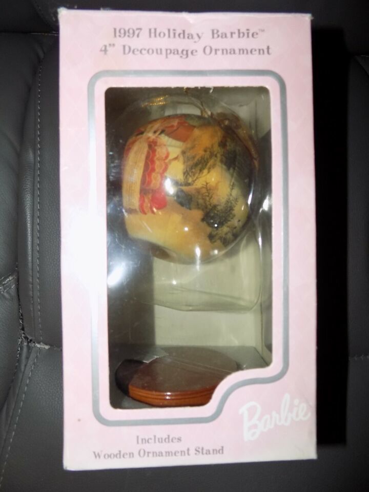 1997 HOLIDAY BARBIE DECOUPAGE ORNAMENT WITH STAND NEW - $36.50