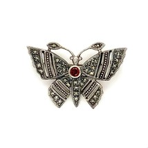 Vintage Sterling Signed ACI Art Deco Bezel Garnet Marcasite Butterfly Brooch Pin - £31.65 GBP