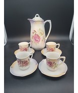 READ Vtg Pink Cabbage Rose Chocolate Pot + 4 Teacups Cups Saucers German... - $101.58