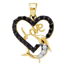 14k Yellow Gold Womens Black Color Enhanced Diamond Heart Dolphin Love Pendant - £218.94 GBP