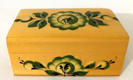Folk Art Wooden Box w/ Hinged Lid Light Wood w/ Green Floral Handmade 2.5&quot;H 5&quot;L - £6.45 GBP