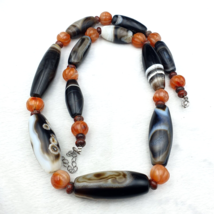 Himalayan old Antique Carnelian black Agate Beads Necklace Mala Indo-Tib... - £186.09 GBP