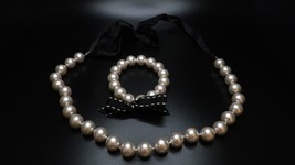 Vintage Handmade Black Bow Faux Pearl Necklace and Bracelet set Adjustable - £11.84 GBP