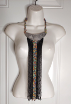 Stunning Beaded Silver Plate Long Bib Necklace Brass Hook Closure - $18.99