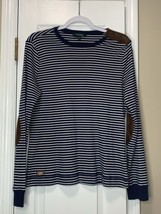 Lauren Ralph Lauren Womens Sleeves Shirt Blue/White Stripes Suede Patche... - $15.85