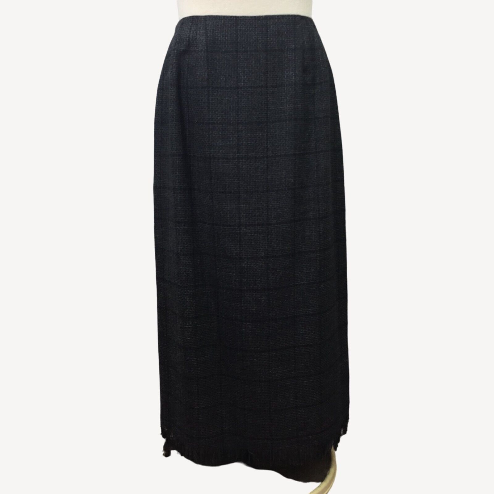 Primary image for Harve Benard Sport Women Wool Skirt Windowpane Pattern Black Gray Fringe Size 14