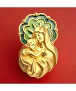 Mother Mary Baby Jesus Pin Gold Tone Green Enamel Vintage Brooch By Avon - £9.50 GBP