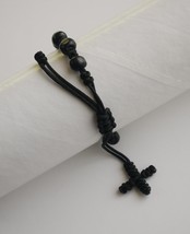 Wood &amp; Cord Adjustable Rosary Bracelet with Woven Cross (Black) - £7.86 GBP