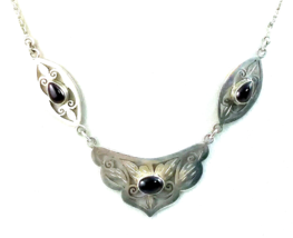Vintage Filigree Ornate Sterling Silver &amp; Amethyst 3 Panel with Chain Ne... - £98.92 GBP