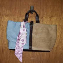 Tan &amp; Slate Blue Soft-Sided Tote Handbag Purse - £9.11 GBP