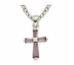 Sterling Silver February Amethyst Birthstone Baby Cross Necklace &amp; Chain - £47.95 GBP
