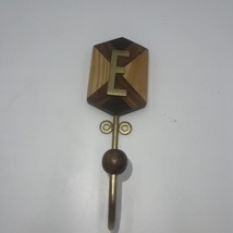 Anthropologie Marquetry Monogram E Wall Hook Wood and Gold Tone Iron 8&quot; - £11.61 GBP