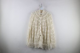 Vintage 60s 70s Boho Chic Womens OSFA Crochet Fringe Cardigan Sweater Poncho USA - $69.25