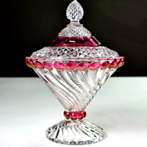 Vintage Ruby Red Clear flash Swirl Diamond w/pedestal Westmorland Candy Dish 7in - £25.95 GBP