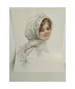 Harrison Fisher Girl in WHITE SCARF 1909 Antique Art Deco Print - £10.17 GBP