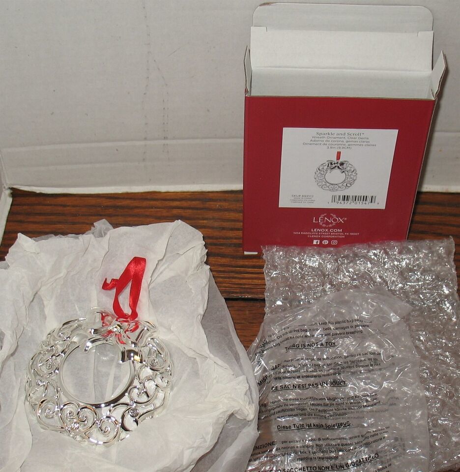 Primary image for NIB Lenox Sparkle and Scroll Silver w/Clear Gems Wreath Christmas Ornament