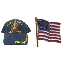 United States Navy Veteran Blue Hat Cap USN &amp; American Flag Lapel Pin - £11.17 GBP