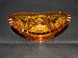 Vintage L.E. Smith HOBSTAR Oval Bowl Honey Amber Cut Glass Saw Tooth Rim Dish - £17.06 GBP