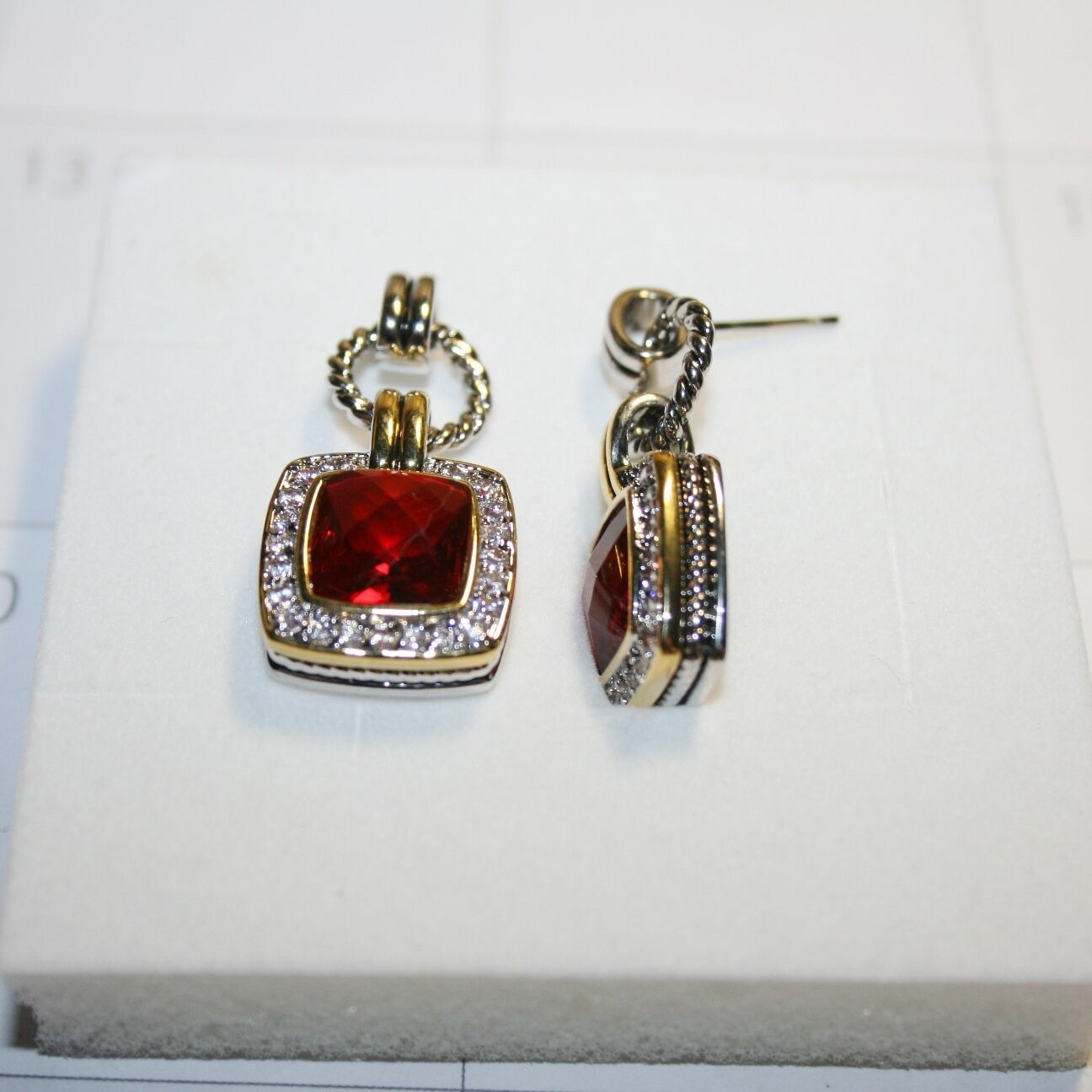 Primary image for Two Tone Red Garnet Quartz White Diamond Alternatives Dangle Earrings 35mm Long