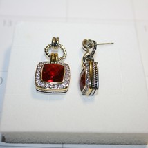 Two Tone Red Garnet Quartz White Diamond Alternatives Dangle Earrings 35mm Long - $23.51