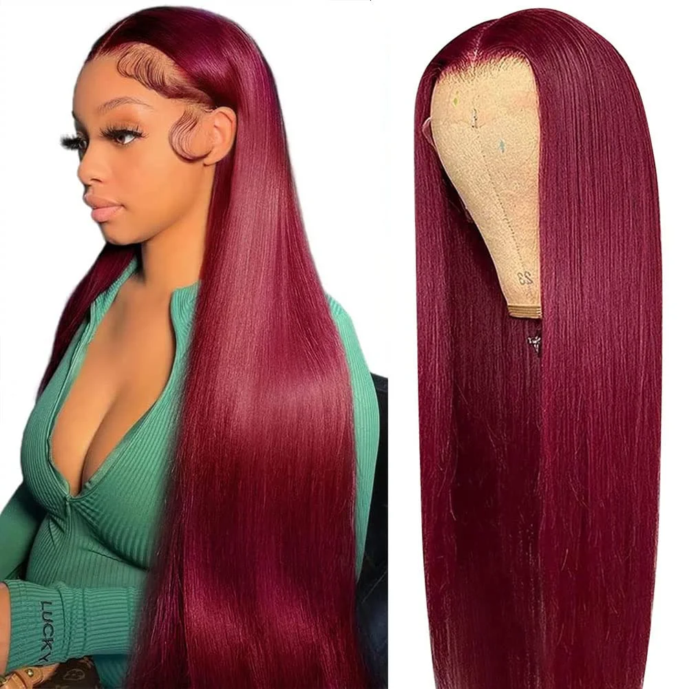 99J Burgundy Red Straight Lace Front Human Hair Wigs Glueless Preplucked Color - £61.29 GBP+