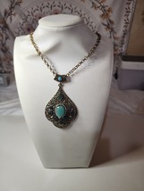 Vintage Betsey Johnson Filigree Pendant Necklace 17.5” Gold Tone Turquoi... - $34.64