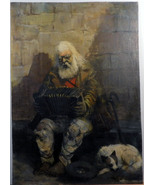 . Pietzschmann Antique Oil Painting – Old Man with Concertina &amp; Dog – Eu... - $568.00