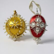 Handcrafted beaded Christmas ornaments with satin and faux pearl embelli... - $29.67
