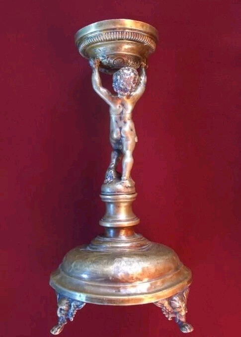 Antique Bronze Cupidon Candlestick - $1,584.00