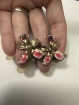 Vintage Enamel Rhinestone Lilly Floral Earrings Screwback - £11.72 GBP